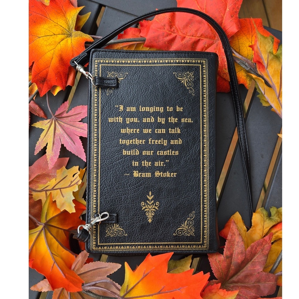 Dracula Bram Stoker Book Crossbody Bag Black Gold Gothic Horror Novelty Purse - Picture 2 of 8